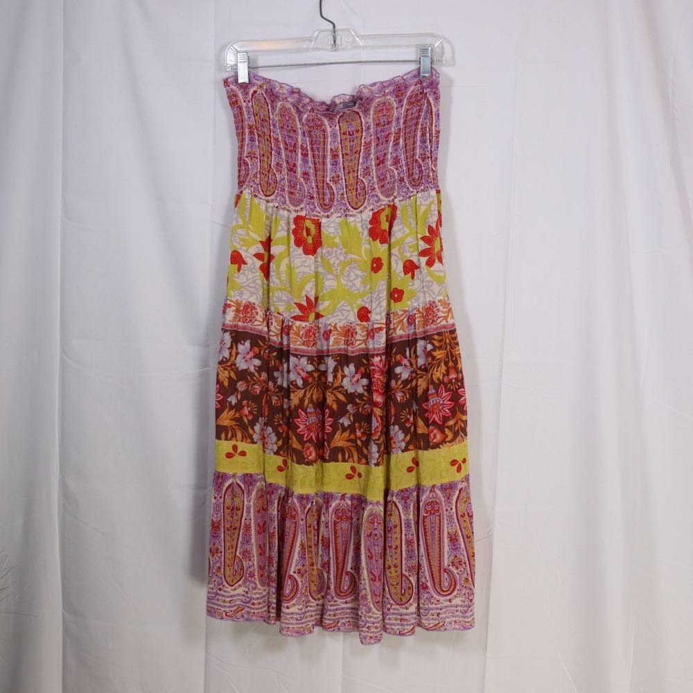 Hale Bob Strapless Tiered Midi Dress M Multicolor Womens Smocked Boho